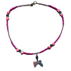 Sweet Hearts & Bow Necklace 💖🎀 with Crystals - 18.5"+ Silver Plated Hook